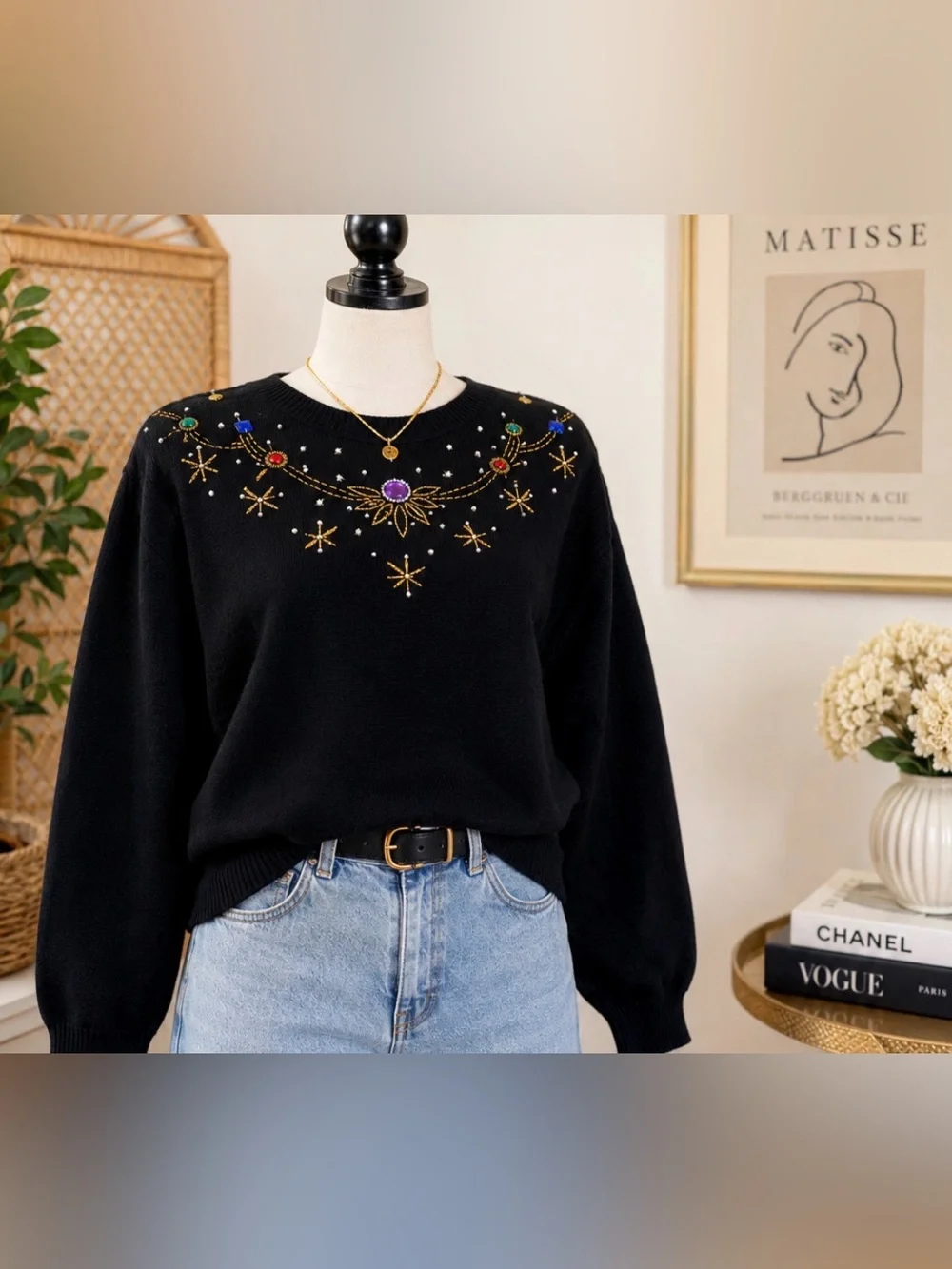 Vintage 80s - Eva Cervantes Embellished Black Women's Sweater with Gem Accents